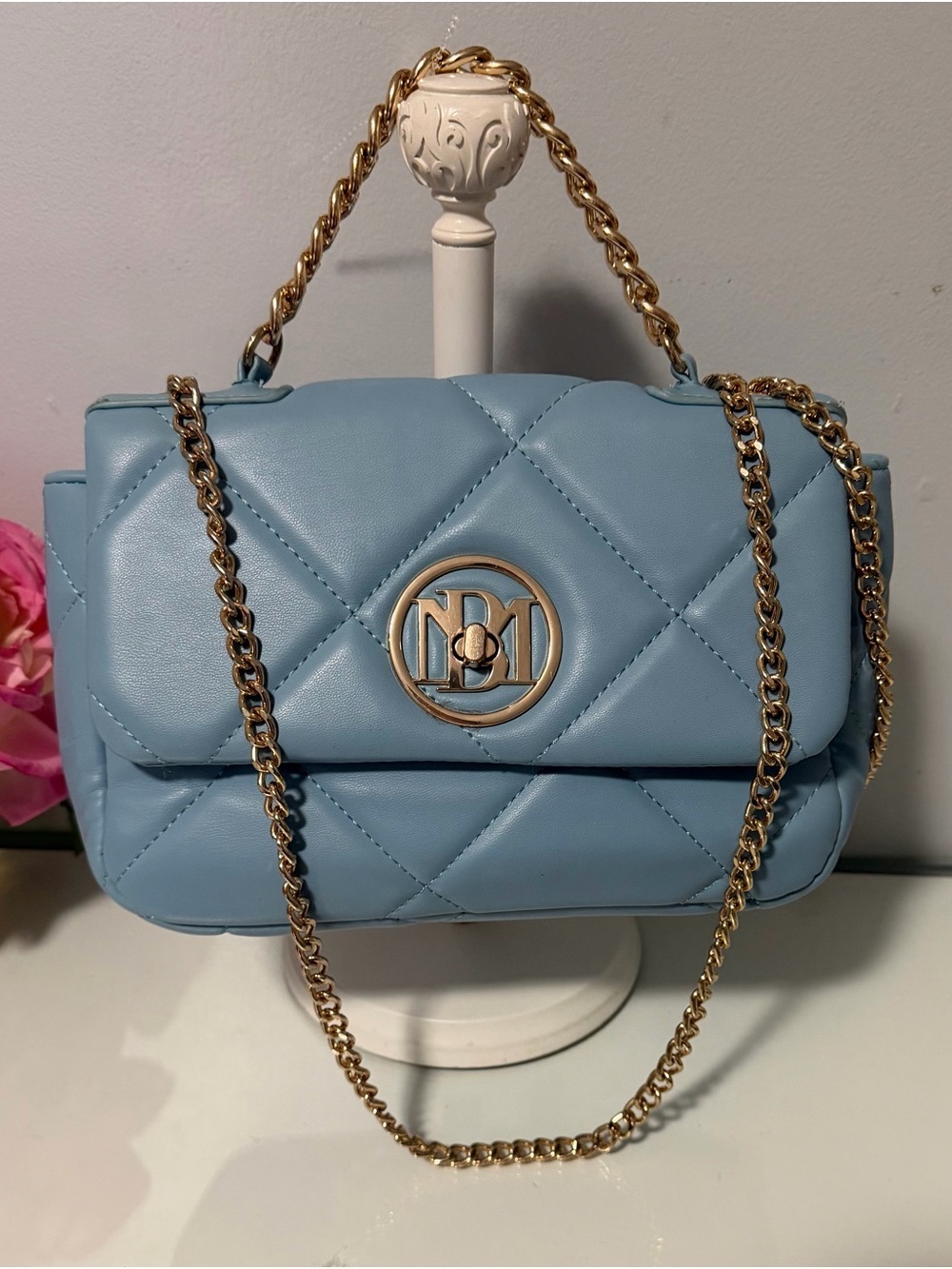 Quilted Light Blue Crossbody with Gold Chain and Round Logo